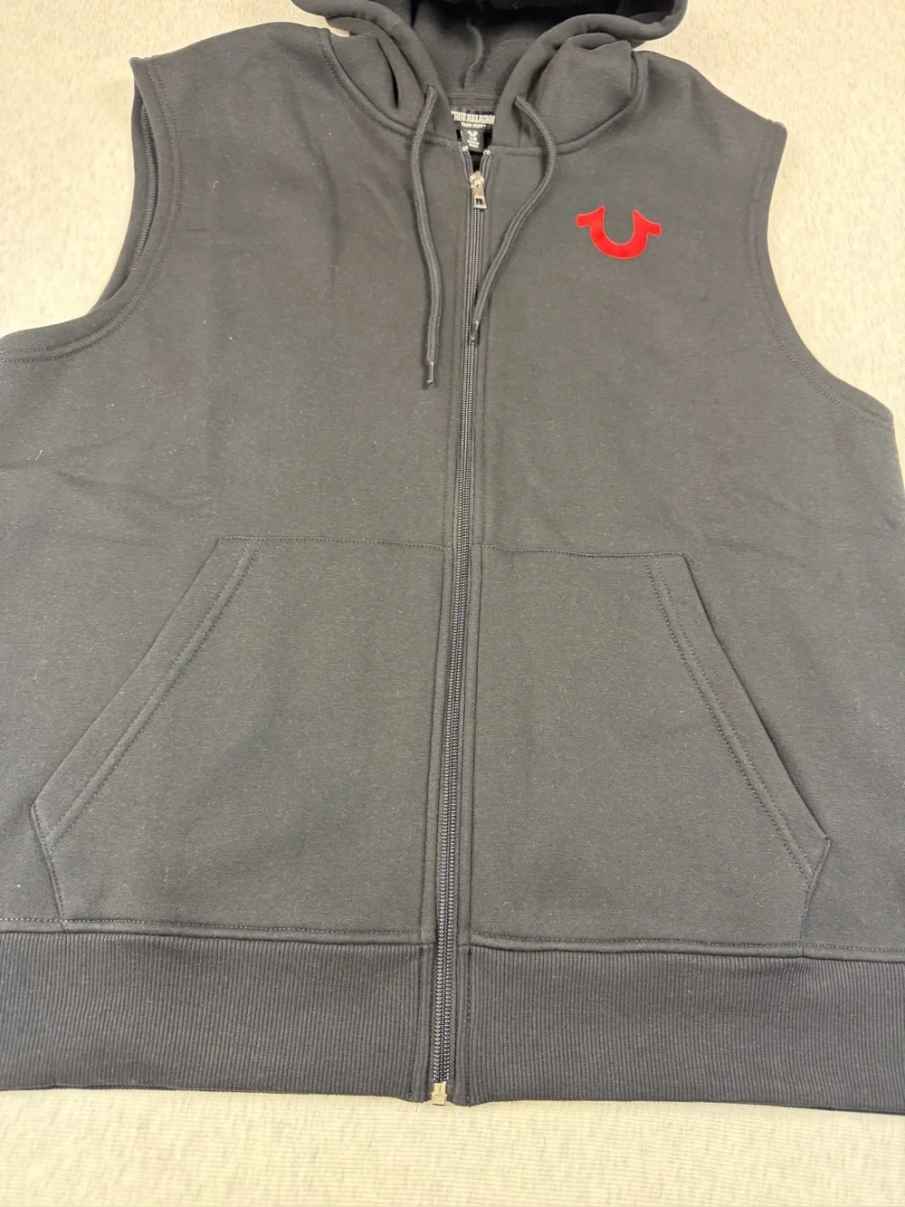True Religion Men’s L Black Muscle Full Zip Hoodie Vest Buddha Graphic NWT